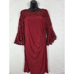 R&M Richards Ruched Lace Sequin Dress 12 Red Bell Sleeve Party Event Date